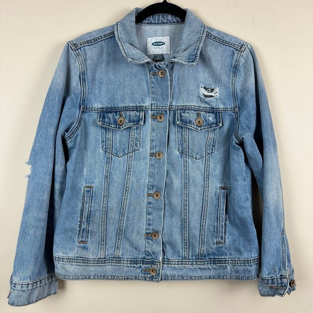 Old Navy Distressed Denim Jacket Womens L Classic Jean Washed Layer Rodeo Boho